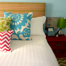 Colorful Master Bedroom with DIY Upholstered headboard at thehappyhousie 1