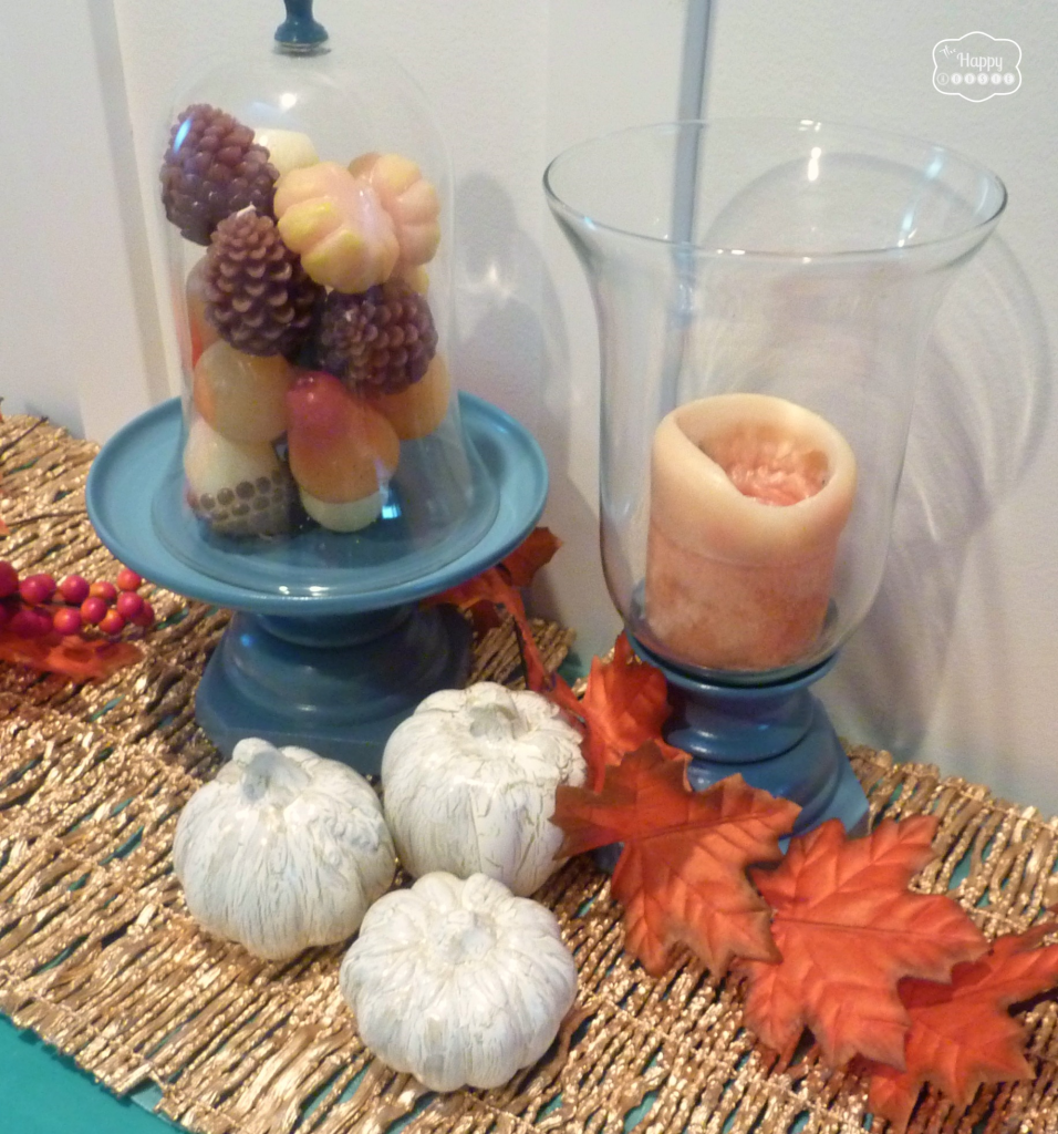Gold crackle painted pumpkins in fall vignette at thehappyhousie