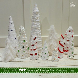 Easy Thrifty DIY Yarn and Feather Mini Christmas Trees green red blue at thehappyhousie