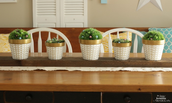 White and Gold Herringbone Pots for Spring on table by the happy housie for tatertots and jello