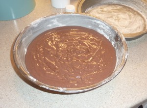 Baking the cake in a greased and floured mixing bowl