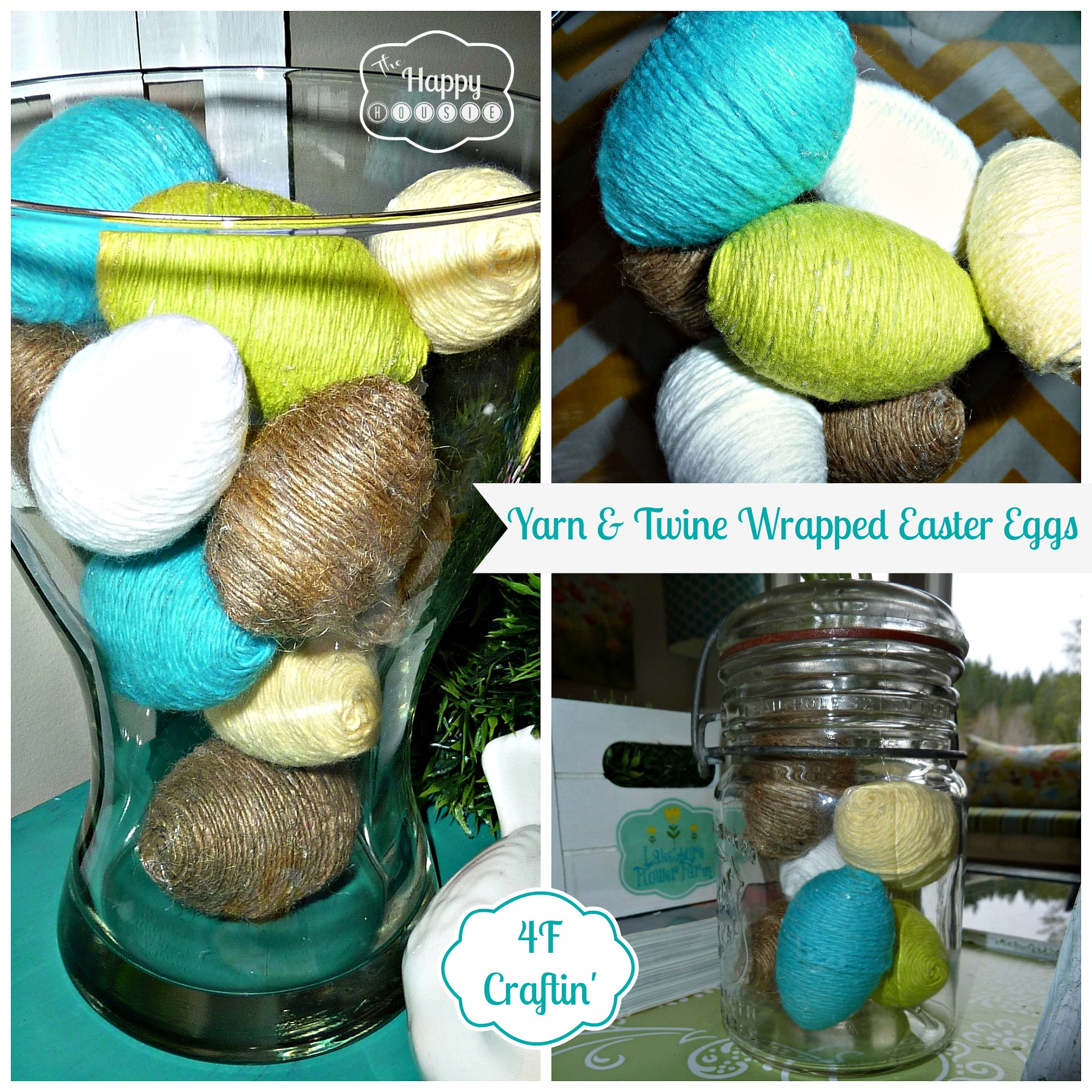 yarn and twine wrapped easter eggs collage at thehappyhousie