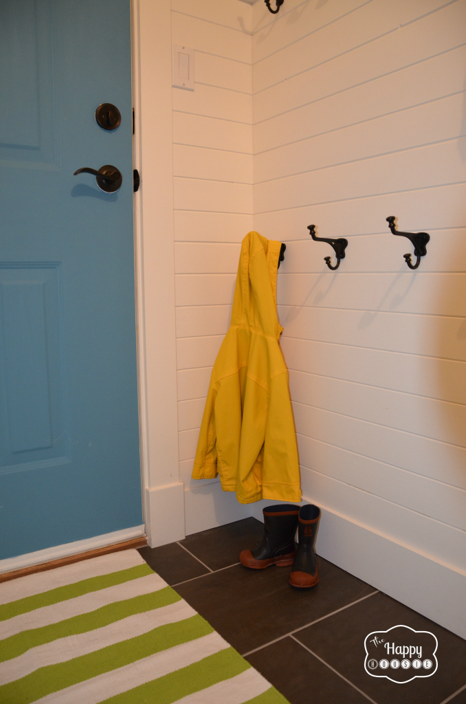 Laundry Mud Room after horizontal white paneling hooks turqouise chalk paint door at thehappyhousie