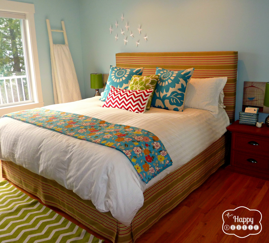 Master Bedroom with DIY Upholstered headboard and matching bedskirt at thehappyhousie