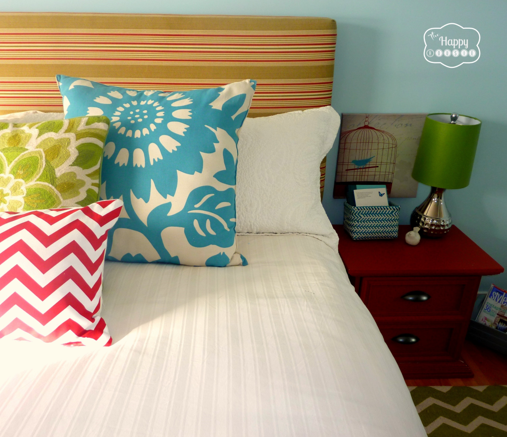 Master Bedroom with DIY upholstered headboard at thehappyhousie