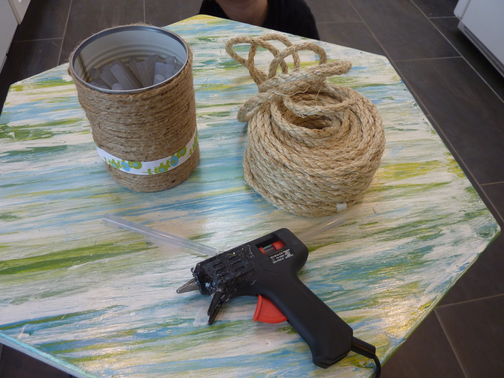 supplies for gluing sisal rope around edges of texture table