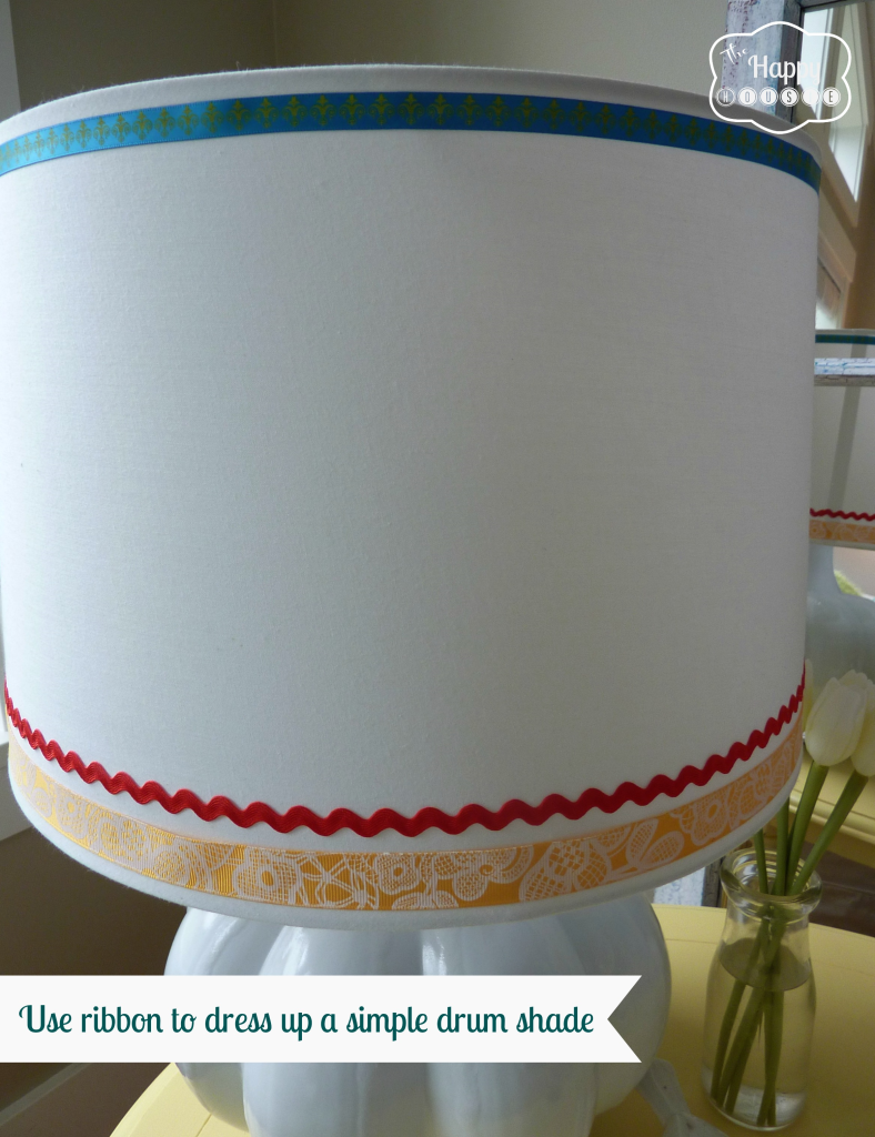 Thrifted Lamp Makeover ribbon on drum shade at thehappyhousie