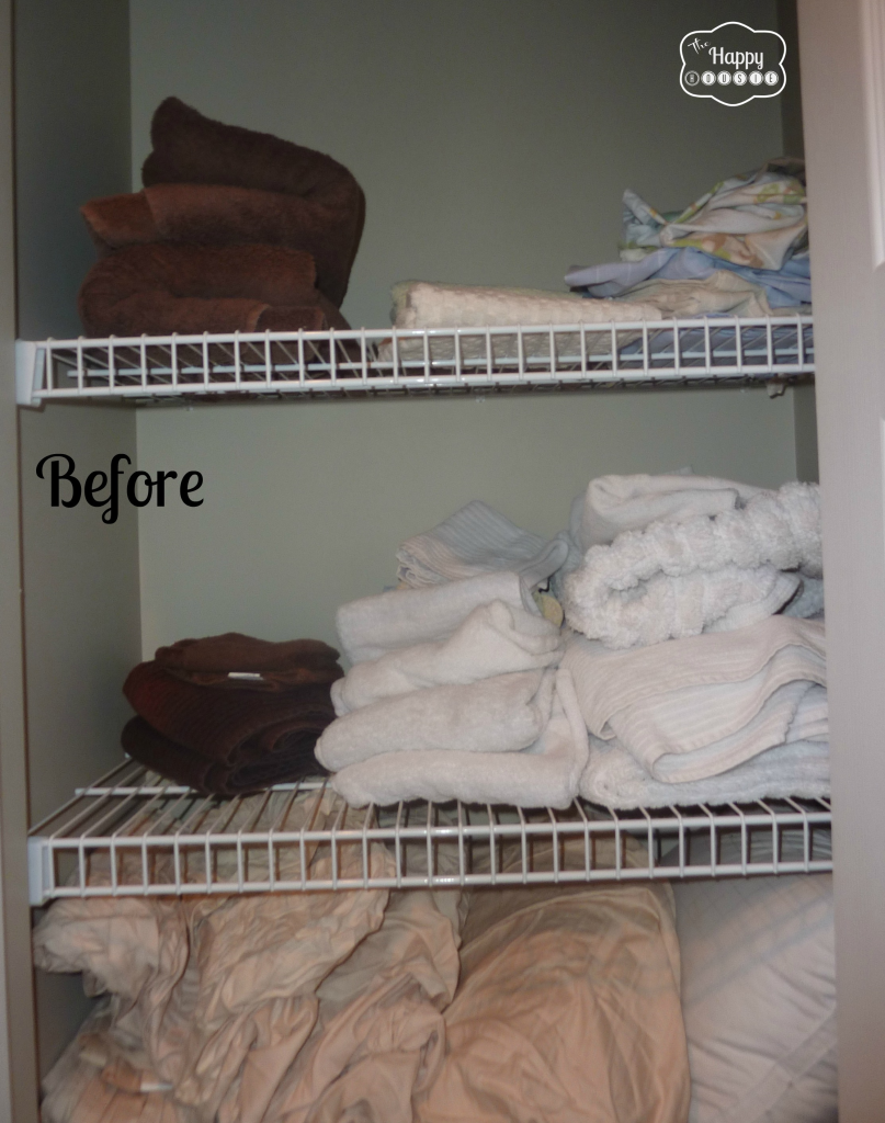 before organizing the linen closet top shelves at thehappyhousie