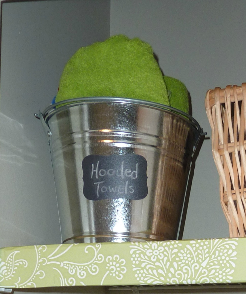 buckets with chalkboard labels at thehappyhousie