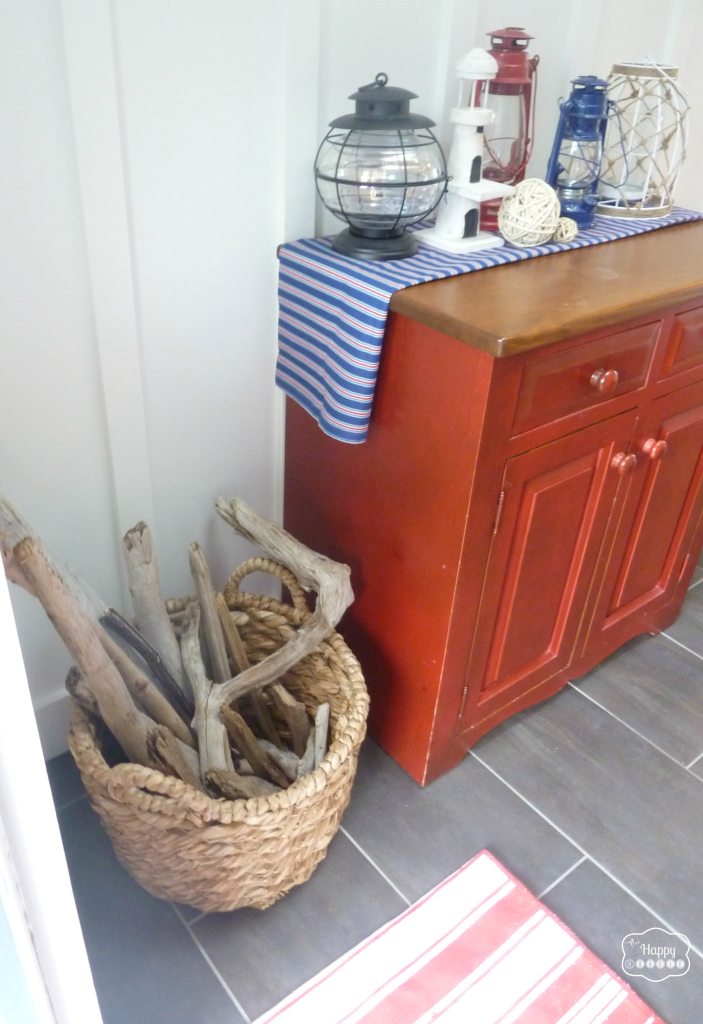red white blue coastal entry hall basket and cabinet 1 room 3 ways at thehappyhousie