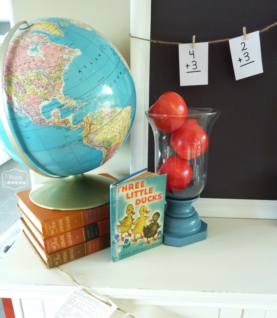 Back to School Mantel with globe, vintage books, apples, flash cards, chalkboard, dictionary book page bunting at thehappyhousie