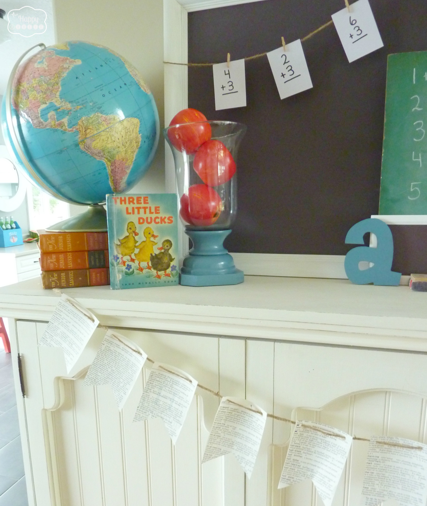 Back to school Mantel with vintage books, chalkboards, flash cards, vintage globes, DIY dictionary page bunting at thehappyhousie