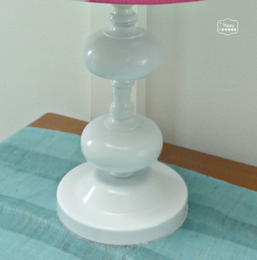 Thrifted Lamp Upcycle base painted white with Fabric Covered Shade at thehappyhousie