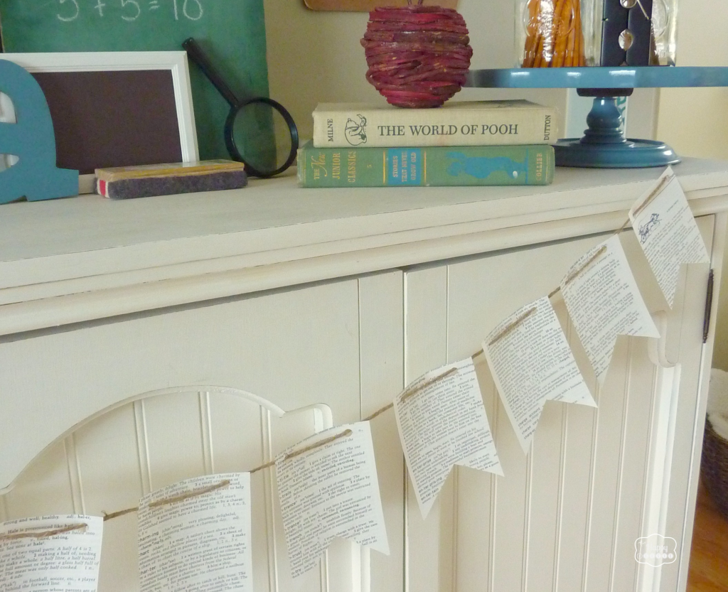 back to school mantel with DIY Dictionary book page bunting at thehappyhousie