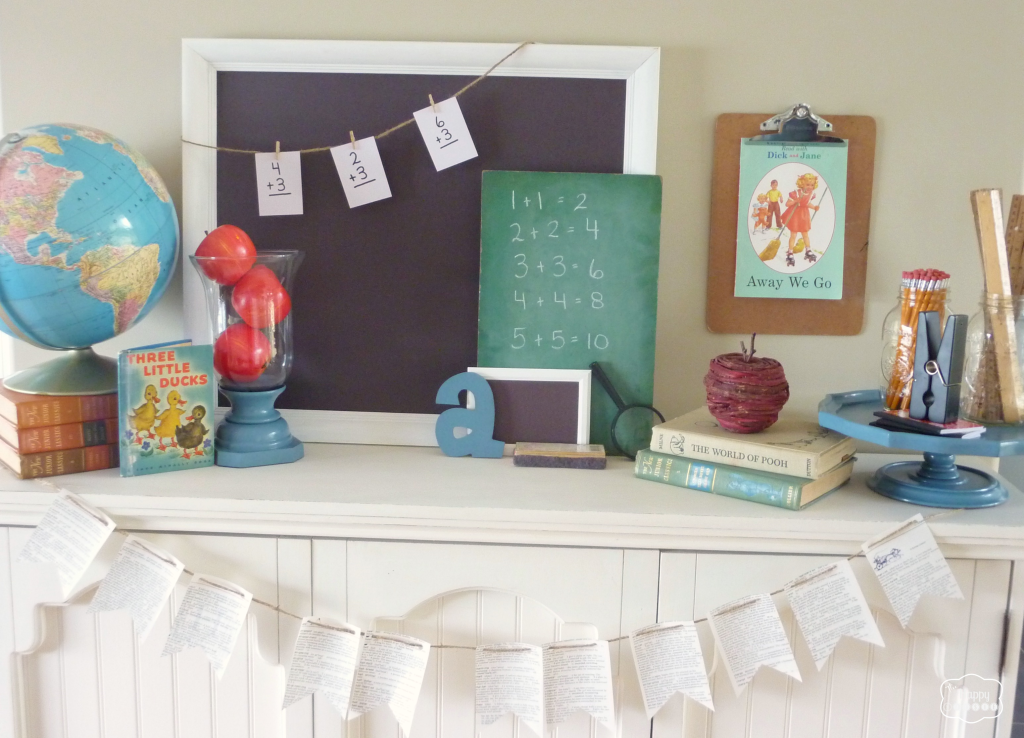 back to school mantel with globe, chalkboards, vintage books, apples, pencils, rulers, DIY dictionary page buntings at thehappyhousie