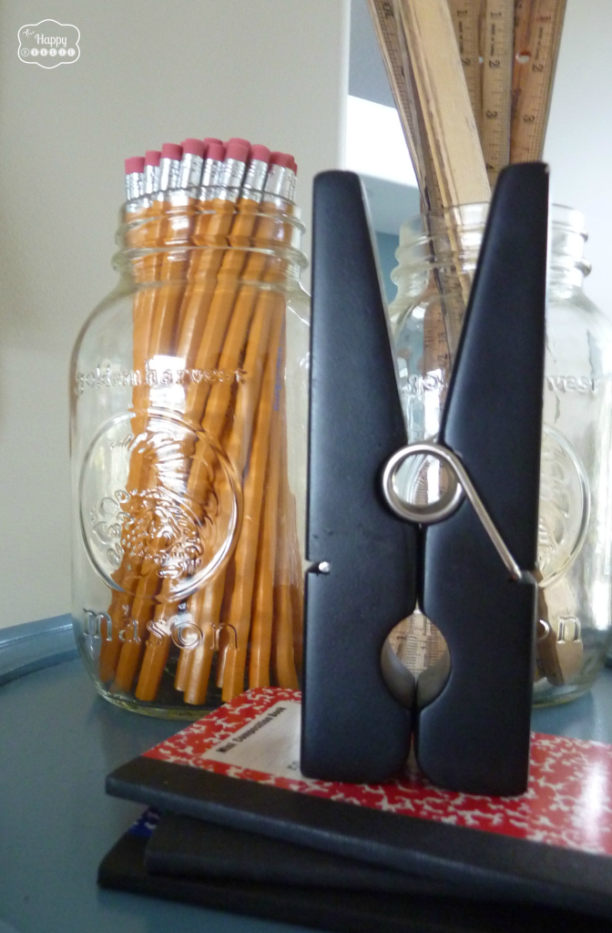 back to school mantel with pencils, rulers, mini composition books, giant clip at thehappyhousie