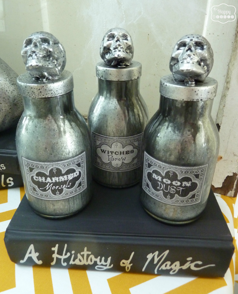 DIY Faux Mercury Glass Potion Bottles for Halloween Decor by the happy housie for Uncommon Designs