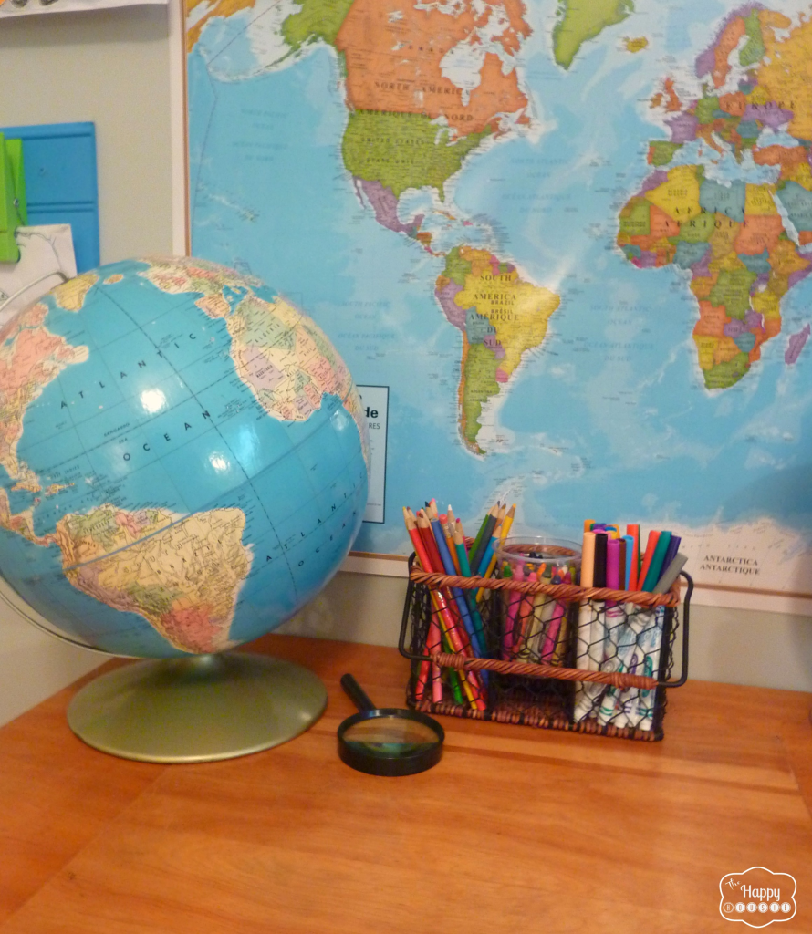 DIY Homework station with upcycled vintage school desk world map and globes at thehappyhousie