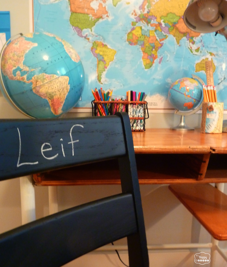 DIY homework station with faux chalkboard vintage school chair and upcycled vintage school desk at thehappyhousie
