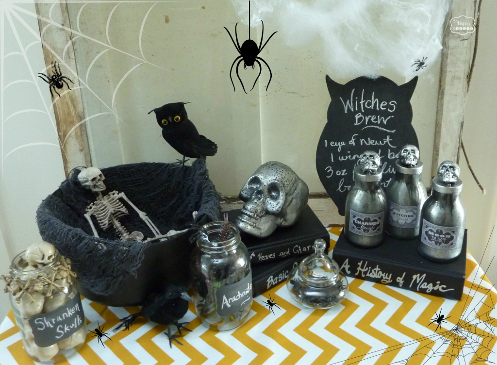 Halloween Vignette with DIY Faux Mercury Glass Potion Bottles by the happy housie for Uncommon Designs