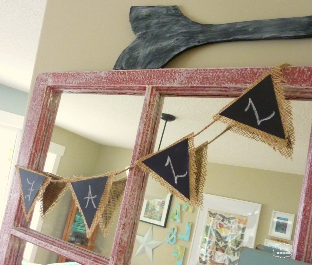 early fall mantel with diy faux chalkboard and burlap bunting at thehappyhousie
