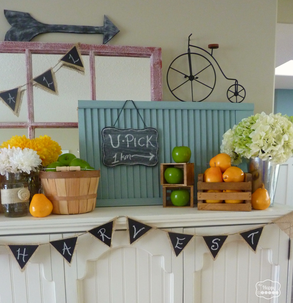 fall harvest mantel with apple buckets pear crates faux chalkboard bunting at thehappyhousie
