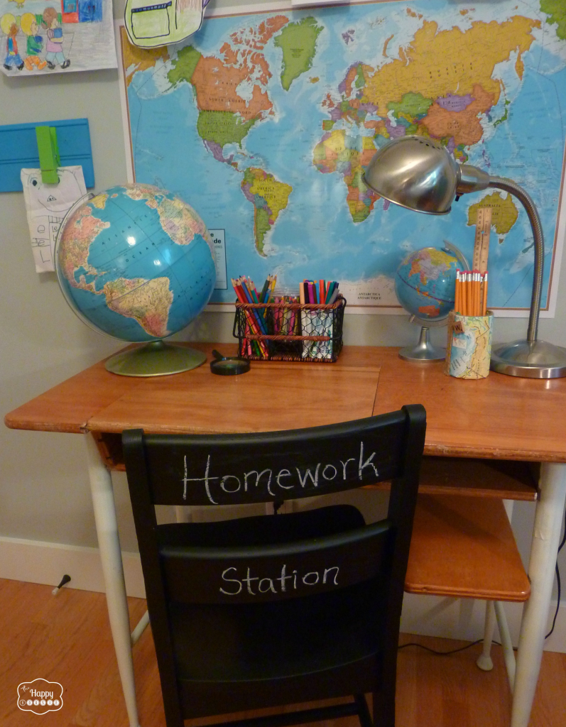 thrifted upcycled vintage school desk and chair painted faux chalkboard chair homework station at thehappyhousie