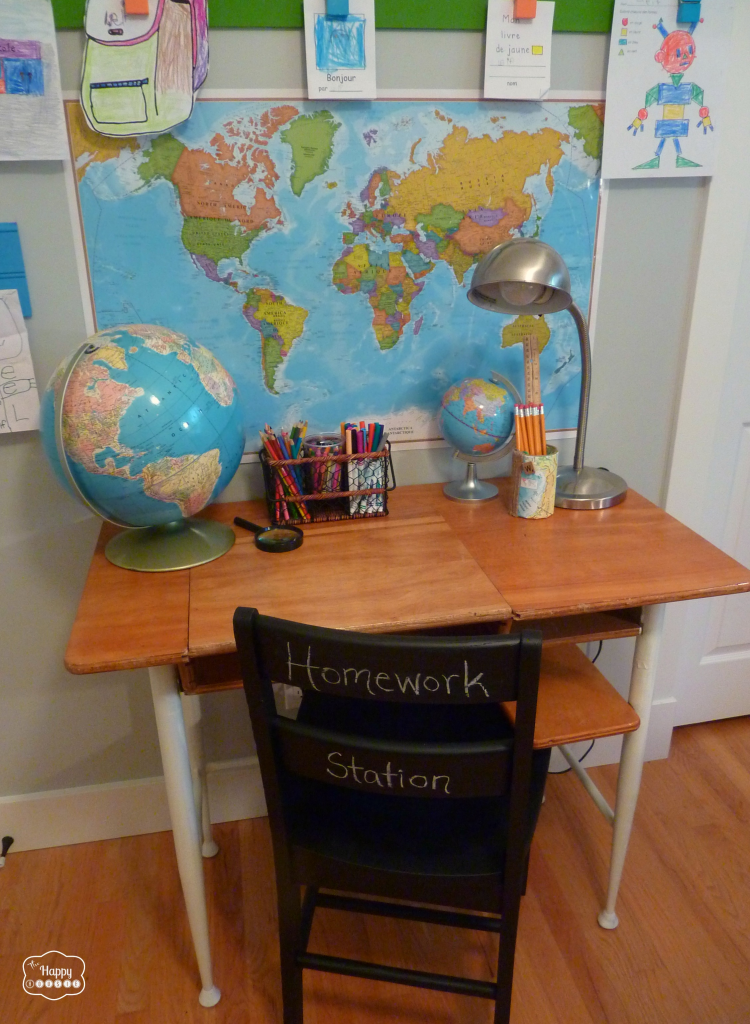 thrifted upcycled vintage school desk and vintage school chair DIY faux chalkboard chair at thehappyhousie
