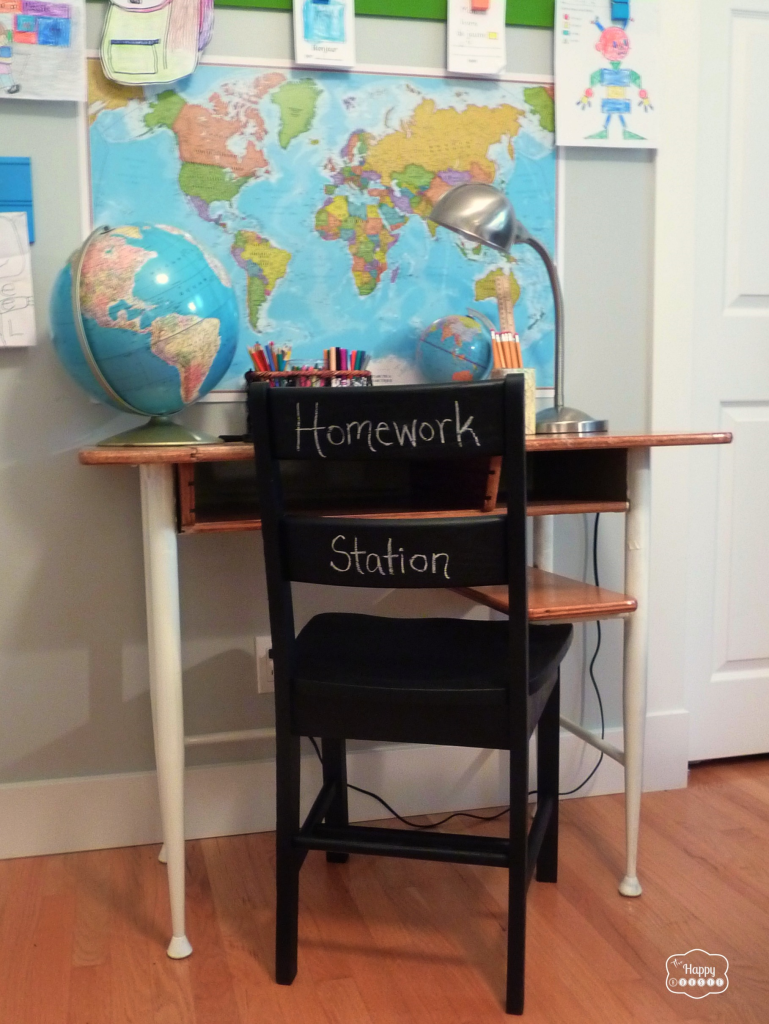 vintage upcycled school desk and chair painted faux chalkboard homework station at thehappyhousie