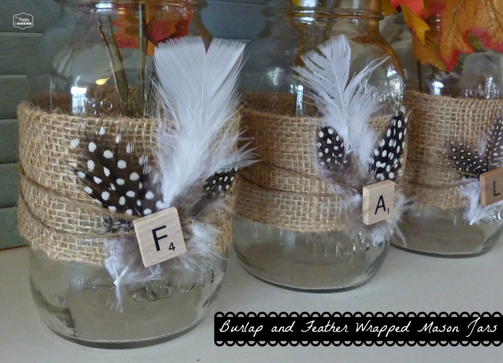 Burlap and Feather Wrapped Mason Jars for Late Fall Mantel at thehappyhousie