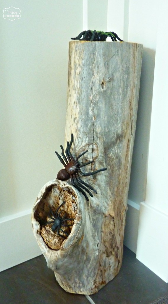 Halloween House Tour Entry Hall wood with spiders crawling on it at thehappyhousie
