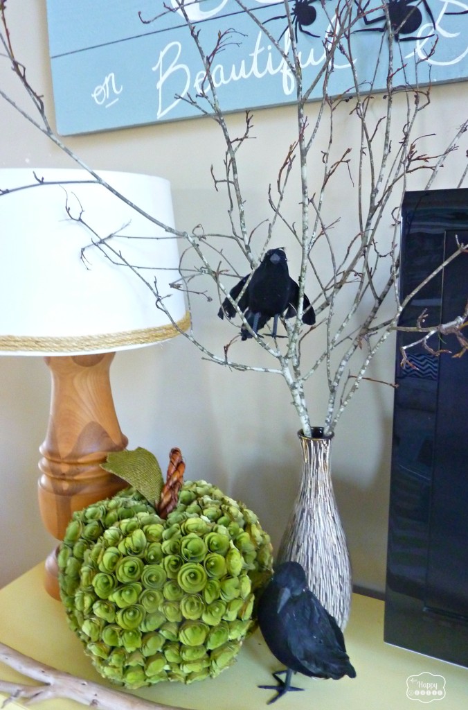 Halloween House Tour Living Room crows in branches at thehappyhousie