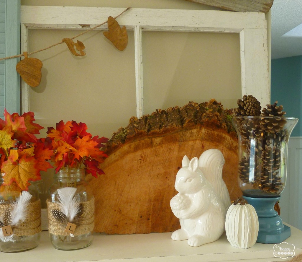 Late Fall Mantel Burlap and Feather Mason Jars at thehappyhousie