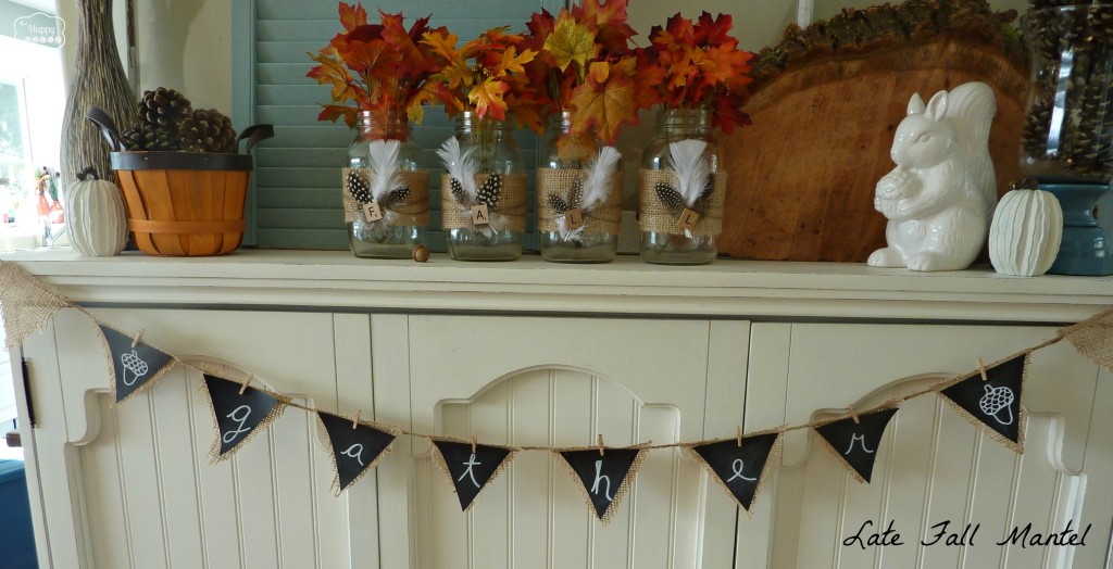 Late Fall Mantel with Burlap and feather wrapped mason jars at thehappyhousie
