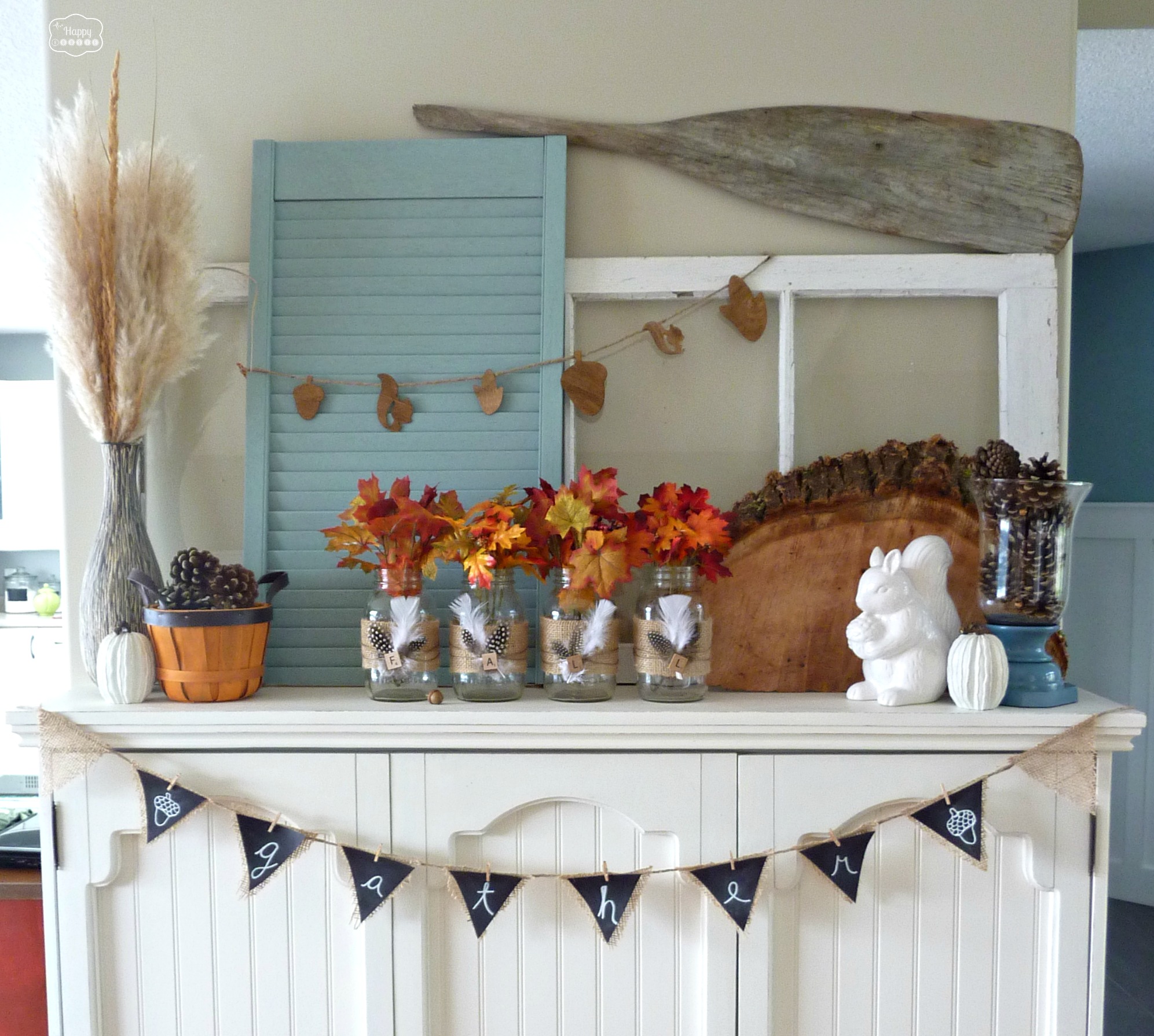 Late Fall Mantel with DIY Mason Jars Wrapped in Burlap and Feathers