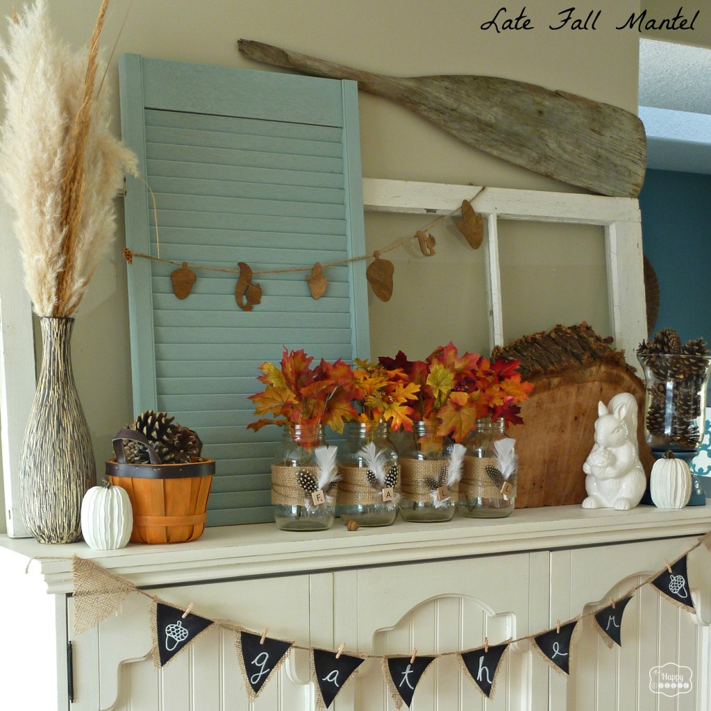 Late Fall Mantel with vintage paddle and mason jars at thehappyhousie