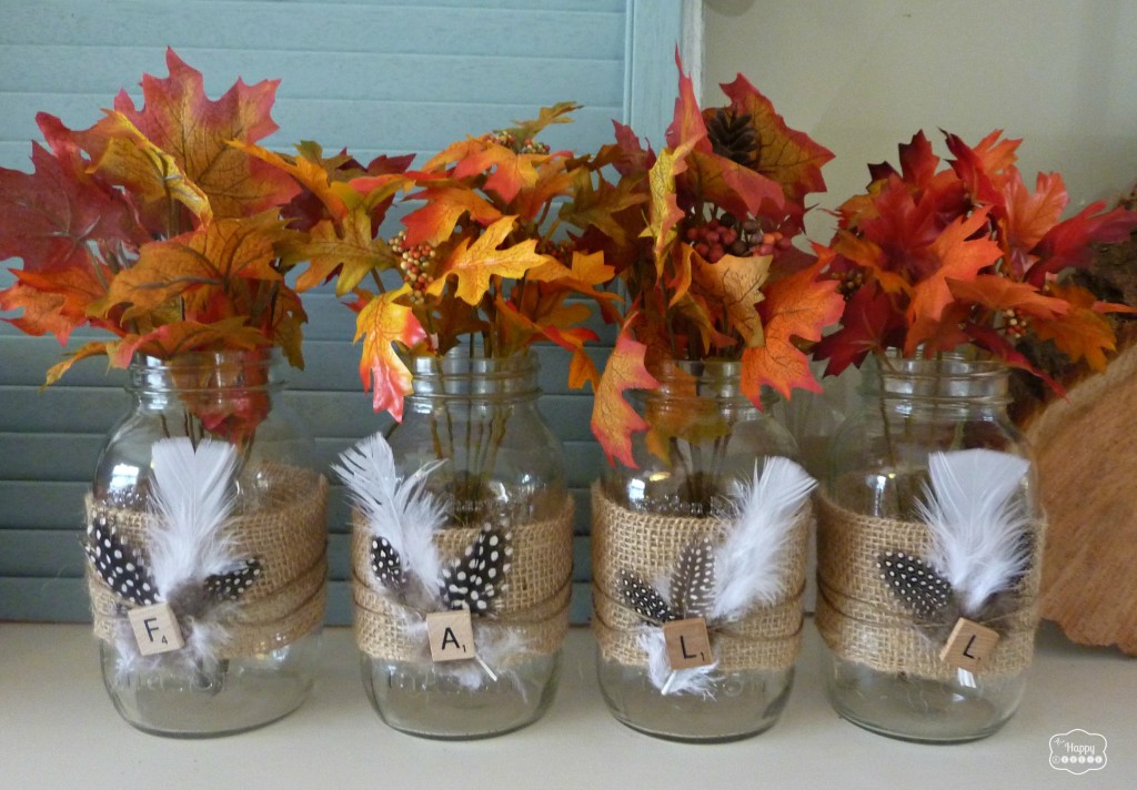 burlap and feather wrapped FALL mason jars