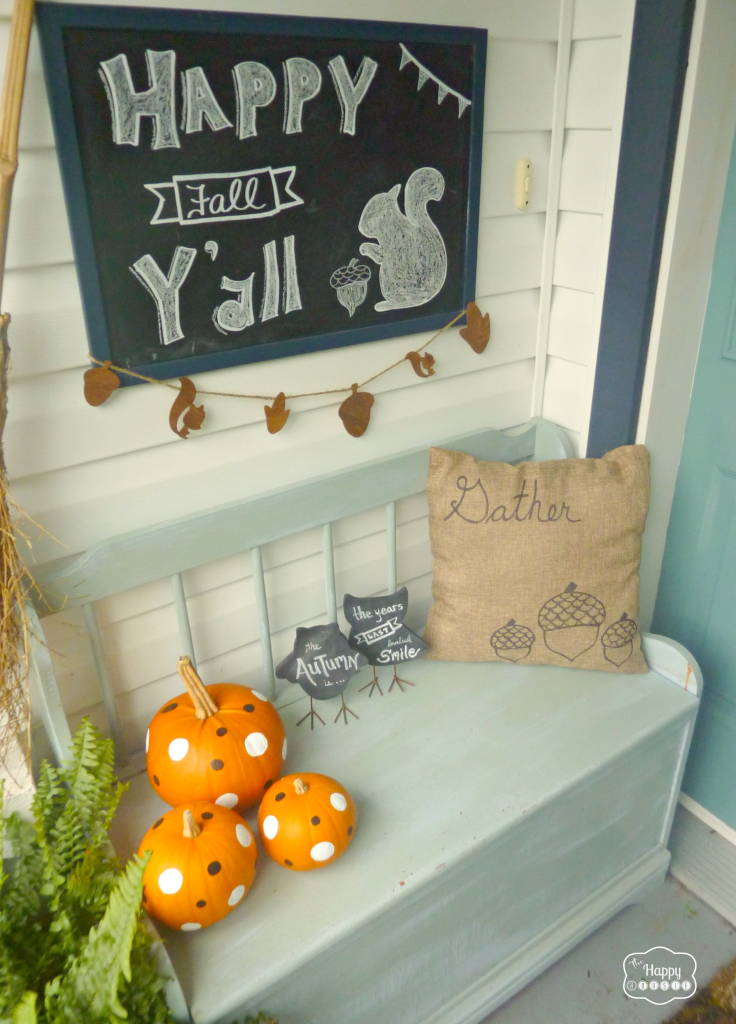 fall front porch with chalkboard art and diy sharpie pillow covers and polka dot pumpkins at thehappyhousie