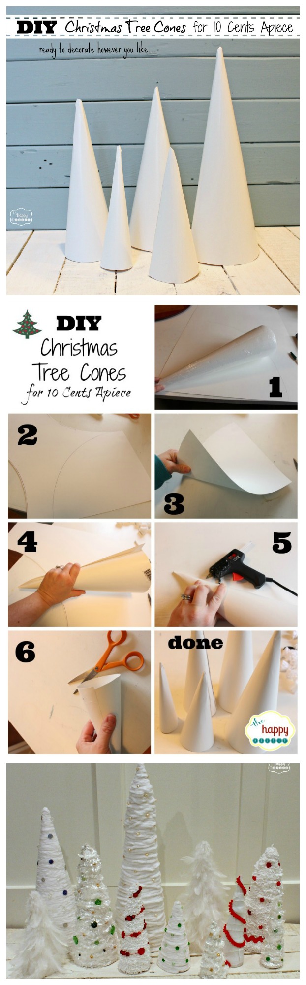 DIY Christmas Tree Cones for ten cents apiece - save money and make your own cone forms for Christmas tree craft projects at The Happy Housie