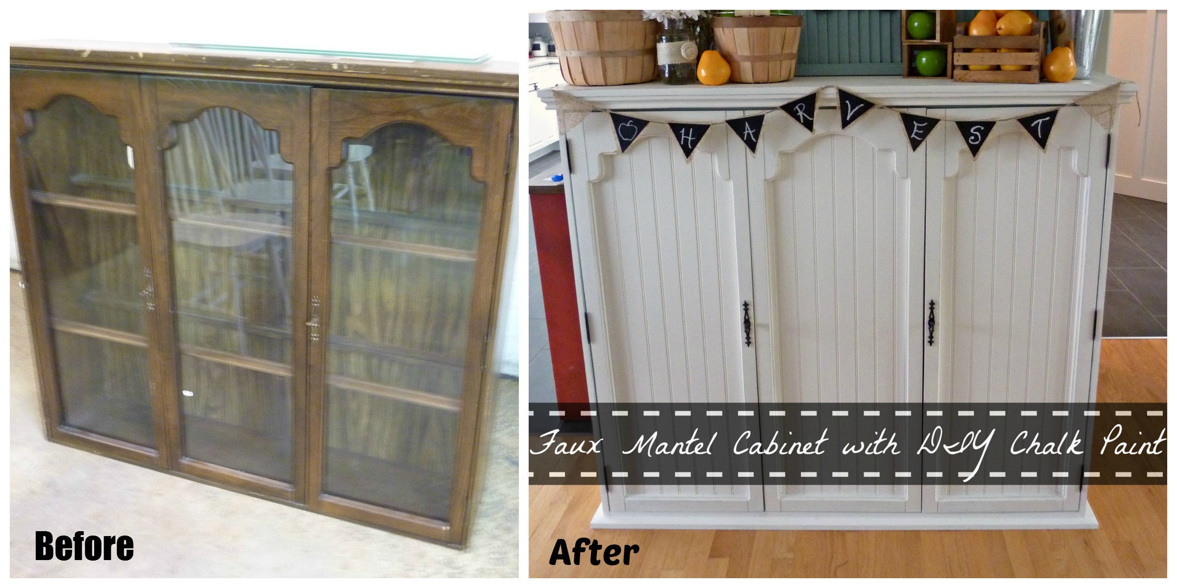 DIY Faux Mantel Cabinet made from old hutch before and after