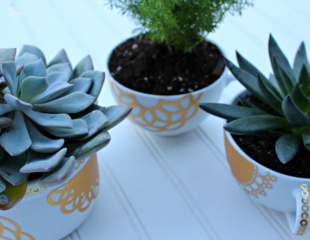 DIY gold decoupaged with doilies mug planters at thehappyhousie #MSholiday
