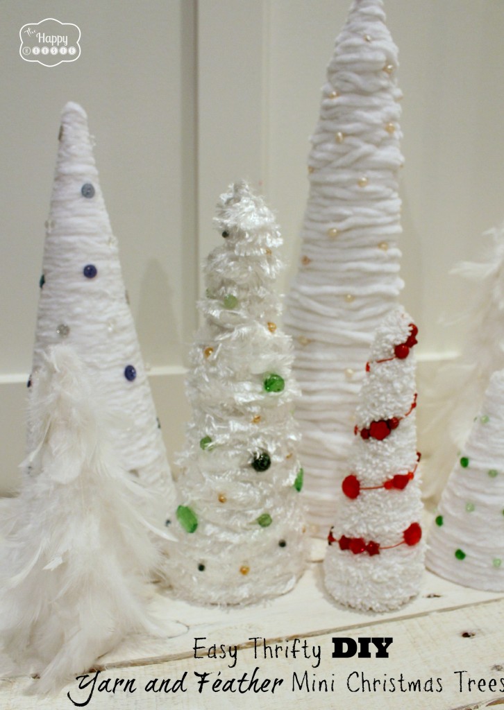 Easy Thrifty DIY Yarn and Feather Mini Christmas Trees blue green red beads at thehappyhousie