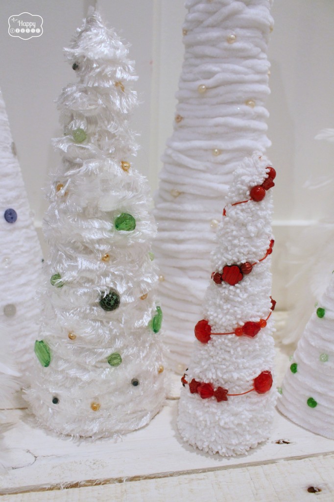 Easy Thrifty DIY Yarn and Feather Mini Christmas Trees red wraparound beads