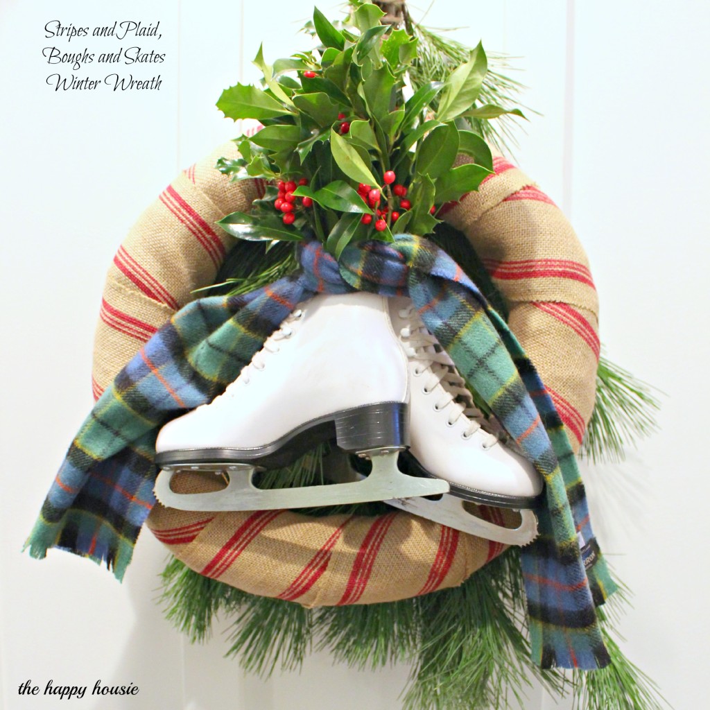 Stripes and Plaid, Boughs and Skates Winter Wreath graphic.