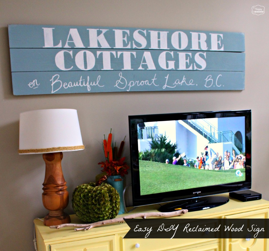 easy DIY Reclaimed wood sign in living room at thehappyhousie