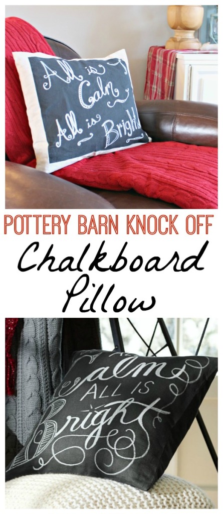 Learn how to make your own thrifty version of this Pottery Barn Chalkboard Pillow with full tutorial at The Happy Housie #PBKnockoff
