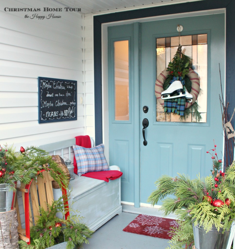 The Happy Housie Christmas Home Tour front porch with ice skate wreath