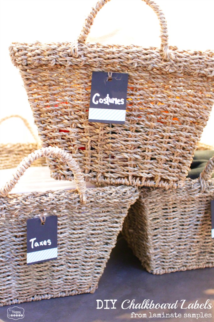 DIY Chalkboard Labels from laminate samples on baskets at The Happy Housie