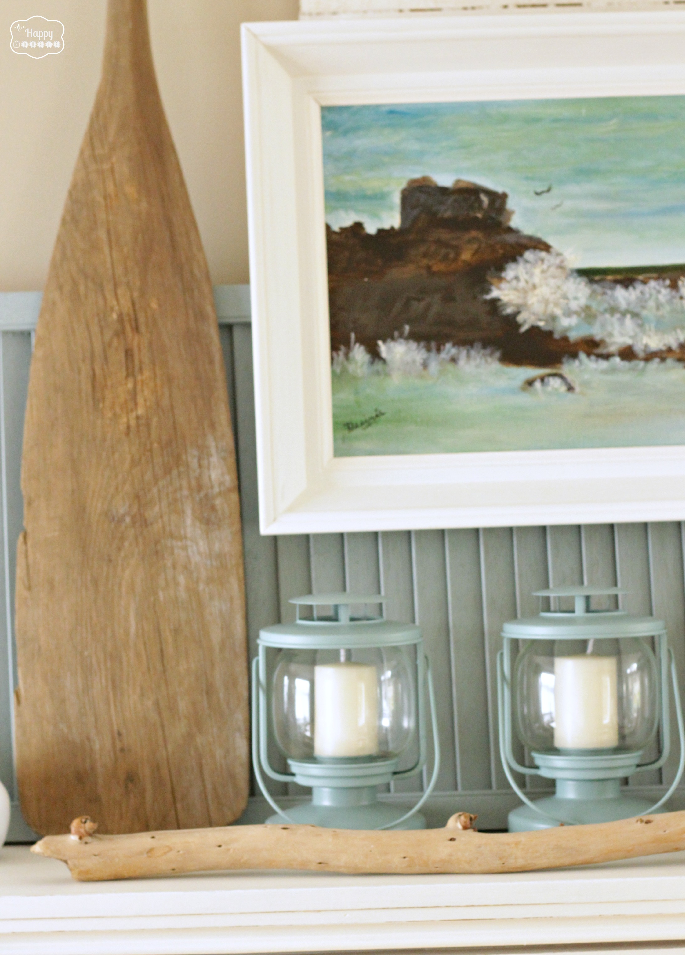 January Blues Winter Mantel with reclaimed oar at The Happy Housie