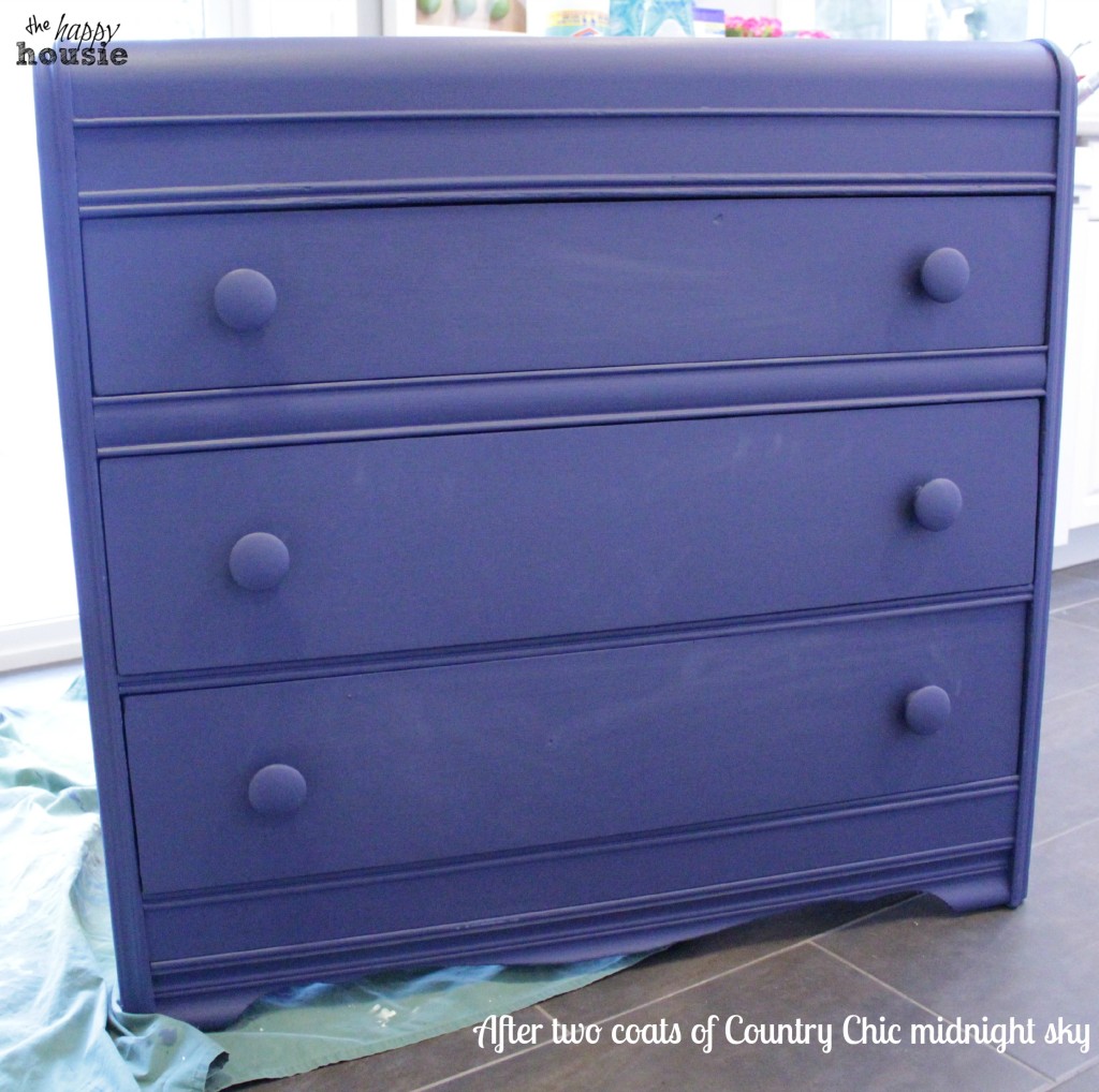  Two coats of Midnight Sky chalk paint on the dresser.